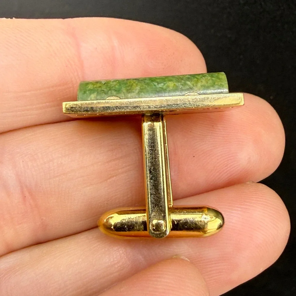 Vintage Lamode Karayclad Cufflinks Tie Tack Set Green Stone Gold Tone READ